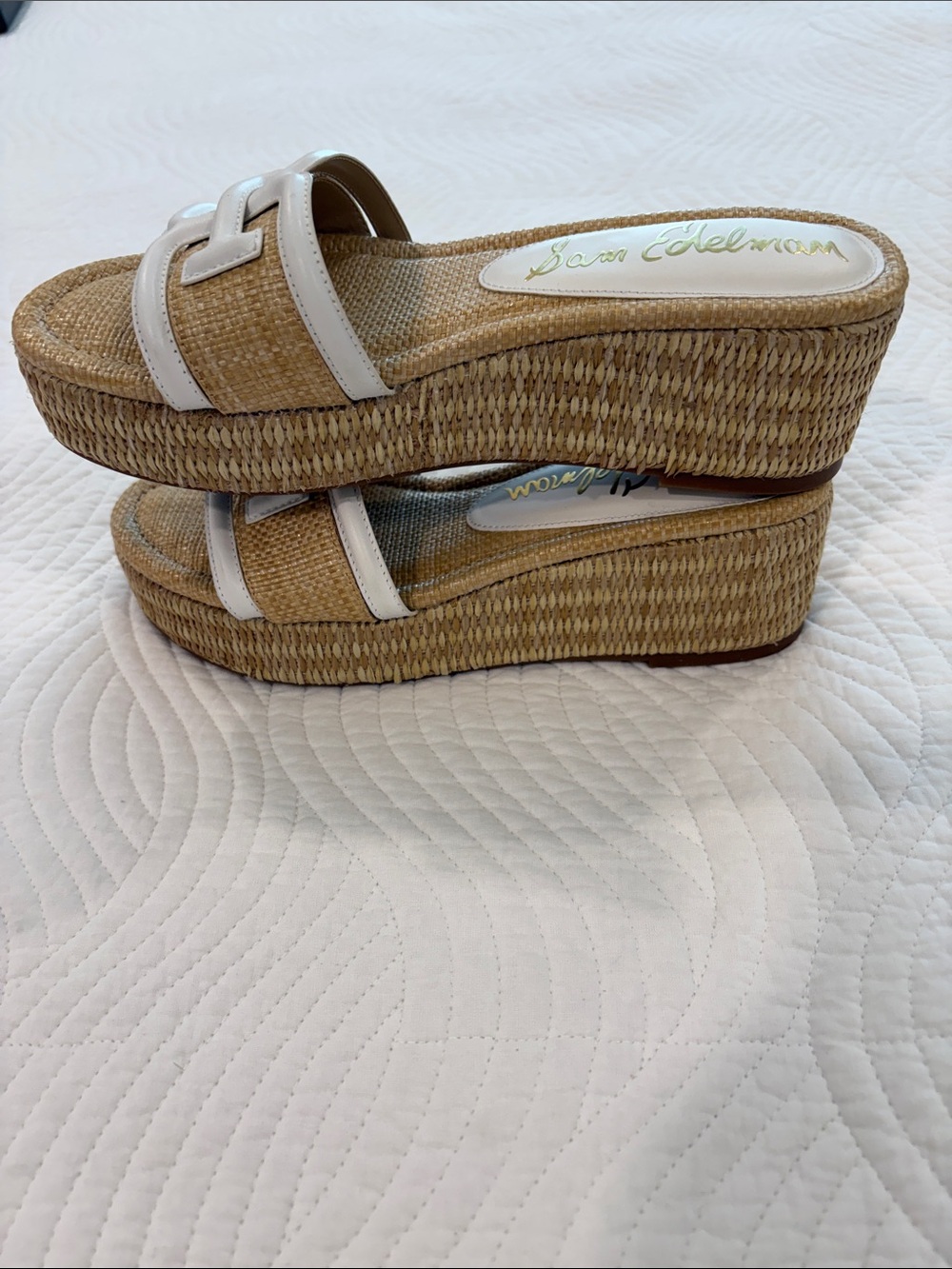 Sam Edelman Tan Woven Raffia Wedge Slides with White Trim - Picture 5 of 7